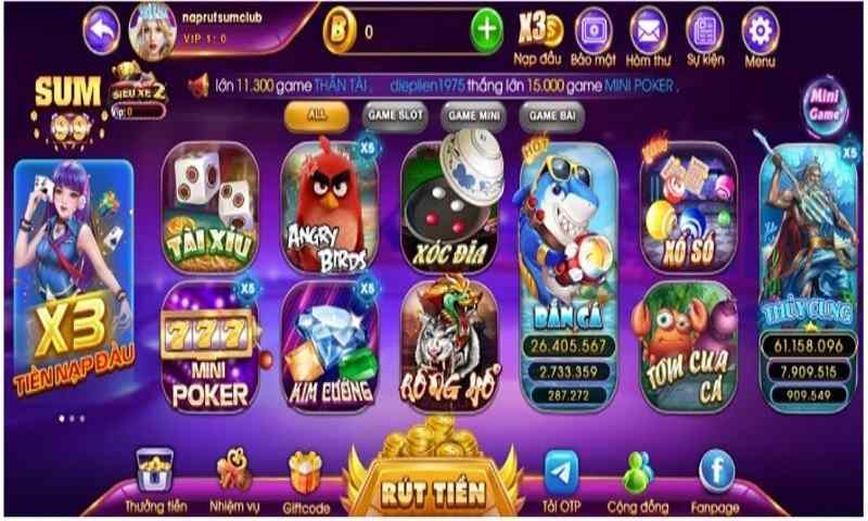 Giao diện trang chủ của cổng game Sum99 Club