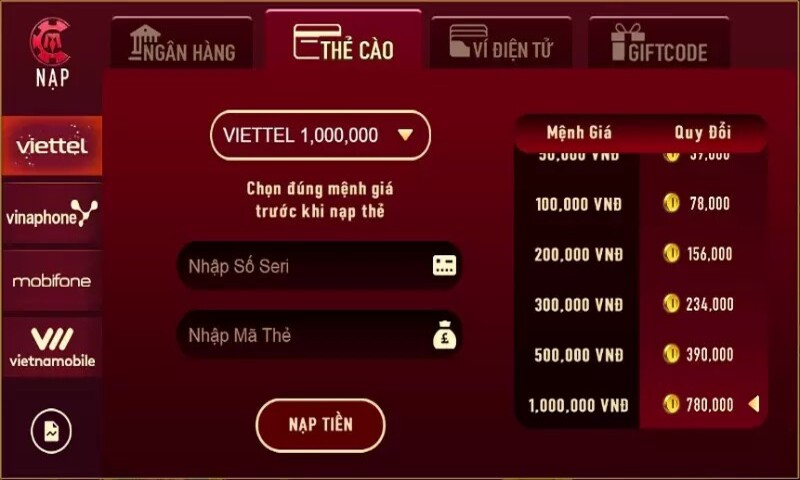 Nạp tiền vào ví Man club bằng thẻ cào điện thoại với nhiều mệnh giá khác nhau