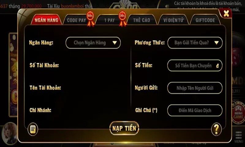 cổng game đang hỗ trợ 3 hình thức nạp tiền Go88 là: Ngân hàng, ví Momo và thẻ cào