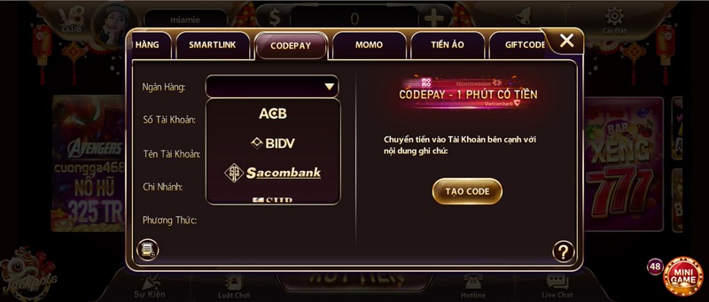 Nạp tiền v8 club qua codepay