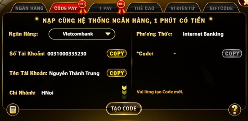 Hình thức nạp tiền Code Pay