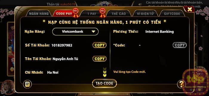 Nạp tiền Top88 qua Code Pay cực nhanh gọn