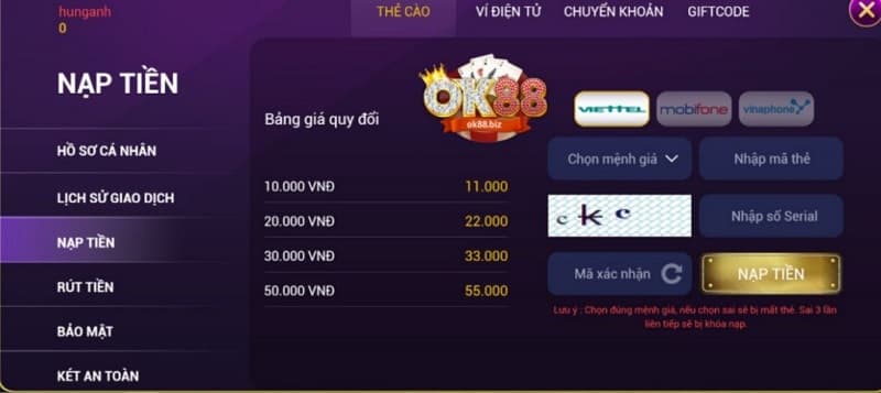 Nạp tiền ok88 bằng thẻ cào điện thoại