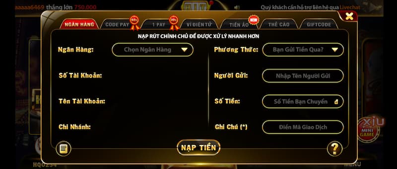 Nạp tiền nhanh vào cổng game