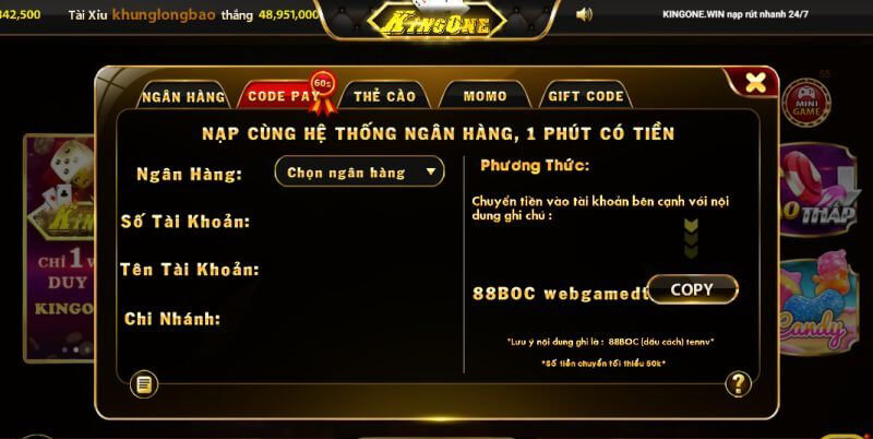 Cách nạp tiền cho cổng game kingone win