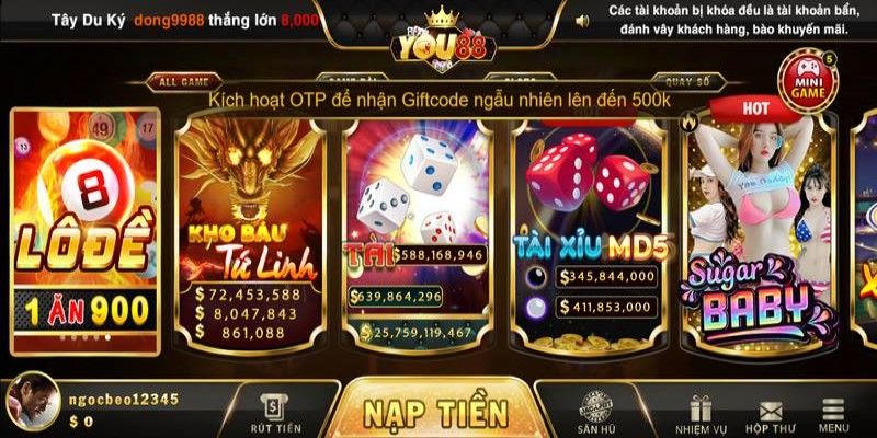 Các tựa game của You88 có tỷ lệ thưởng hấp dẫn